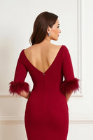 Load image into Gallery viewer, Dark Red Sheath Boat Neck Satin Midi Wedding Guest Dress with Feathers