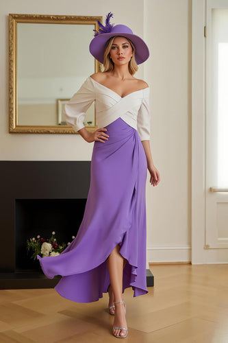 Purple Chiffon Off The Shoulder Sheath Long Wedding Guest Dress with Sleeves