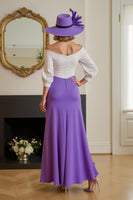 Load image into Gallery viewer, Purple Chiffon Off The Shoulder Sheath Long Wedding Guest Dress with Sleeves