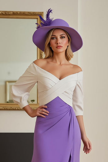 Purple Chiffon Off The Shoulder Sheath Long Wedding Guest Dress with Sleeves