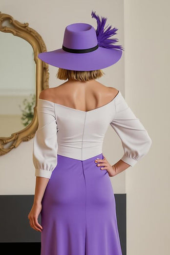Purple Chiffon Off The Shoulder Sheath Long Wedding Guest Dress with Sleeves