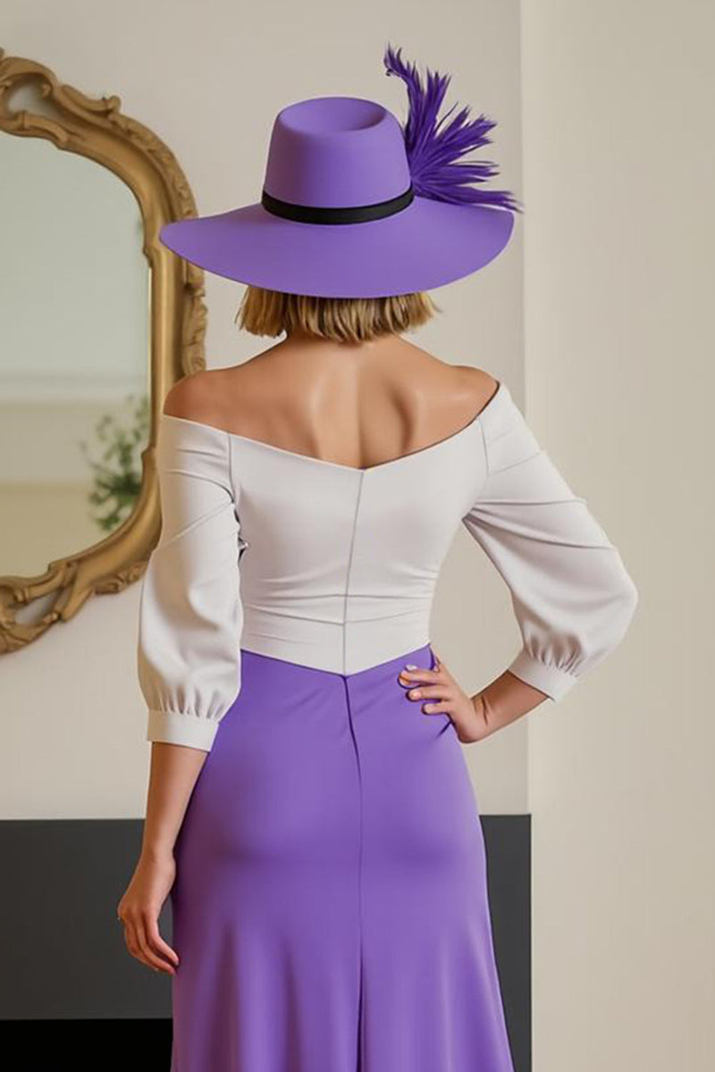 Load image into Gallery viewer, Purple Chiffon Off The Shoulder Sheath Long Wedding Guest Dress with Sleeves