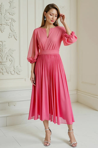 Hot Pink Chiffon Pleated A Line Long Wedding Guest Dress with Sleeves
