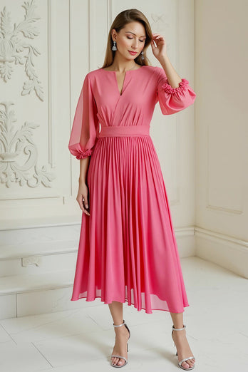 Hot Pink Chiffon Pleated A Line Long Wedding Guest Dress with Sleeves