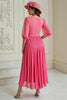 Load image into Gallery viewer, Hot Pink Chiffon Pleated A Line Long Wedding Guest Dress with Sleeves