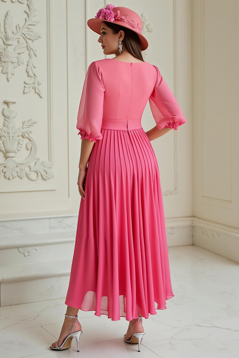 Load image into Gallery viewer, Hot Pink Chiffon Pleated A Line Long Wedding Guest Dress with Sleeves
