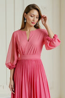 Load image into Gallery viewer, Hot Pink Chiffon Pleated A Line Long Wedding Guest Dress with Sleeves