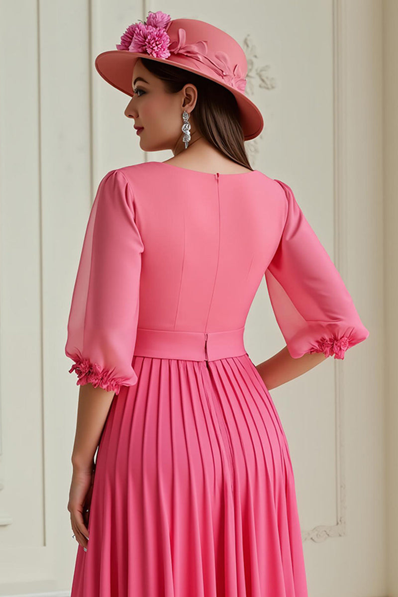 Load image into Gallery viewer, Hot Pink Chiffon Pleated A Line Long Wedding Guest Dress with Sleeves