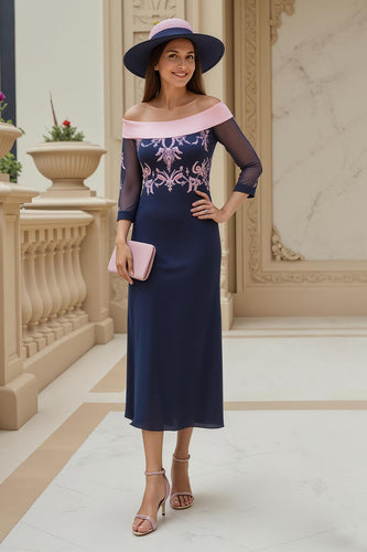 Navy Chiffon Sheath Appliqued Long Wedding Guest Dress with Sleeves