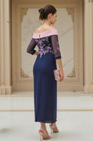 Load image into Gallery viewer, Navy Chiffon Sheath Appliqued Long Wedding Guest Dress with Sleeves