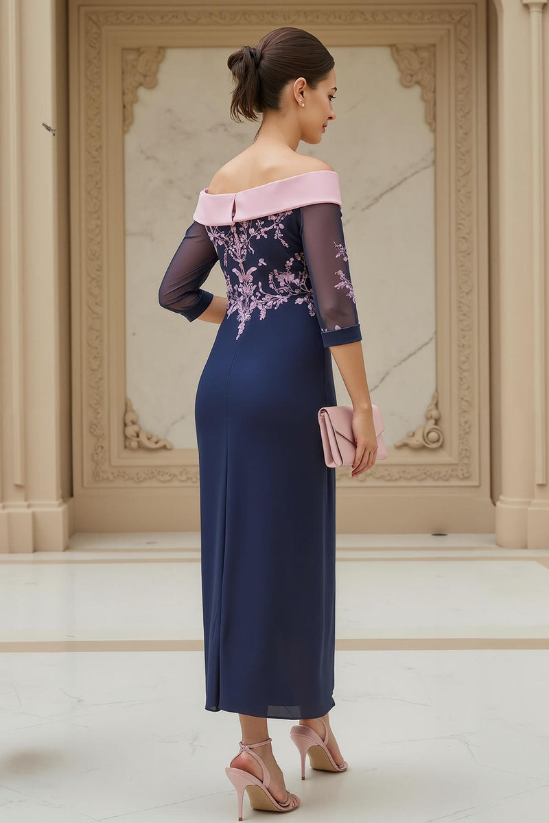 Load image into Gallery viewer, Navy Chiffon Sheath Appliqued Long Wedding Guest Dress with Sleeves