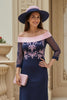 Load image into Gallery viewer, Navy Chiffon Sheath Appliqued Long Wedding Guest Dress with Sleeves