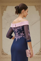 Load image into Gallery viewer, Navy Chiffon Sheath Appliqued Long Wedding Guest Dress with Sleeves