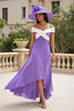 Load image into Gallery viewer, Purple Chiffon Off The Shoulder A Line Long Wedding Guest Dress with Appliques