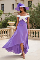 Load image into Gallery viewer, Purple Chiffon Off The Shoulder A Line Long Wedding Guest Dress with Appliques