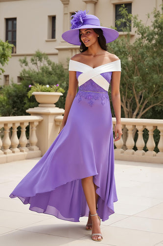 Purple Chiffon Off The Shoulder A Line Long Wedding Guest Dress with Appliques