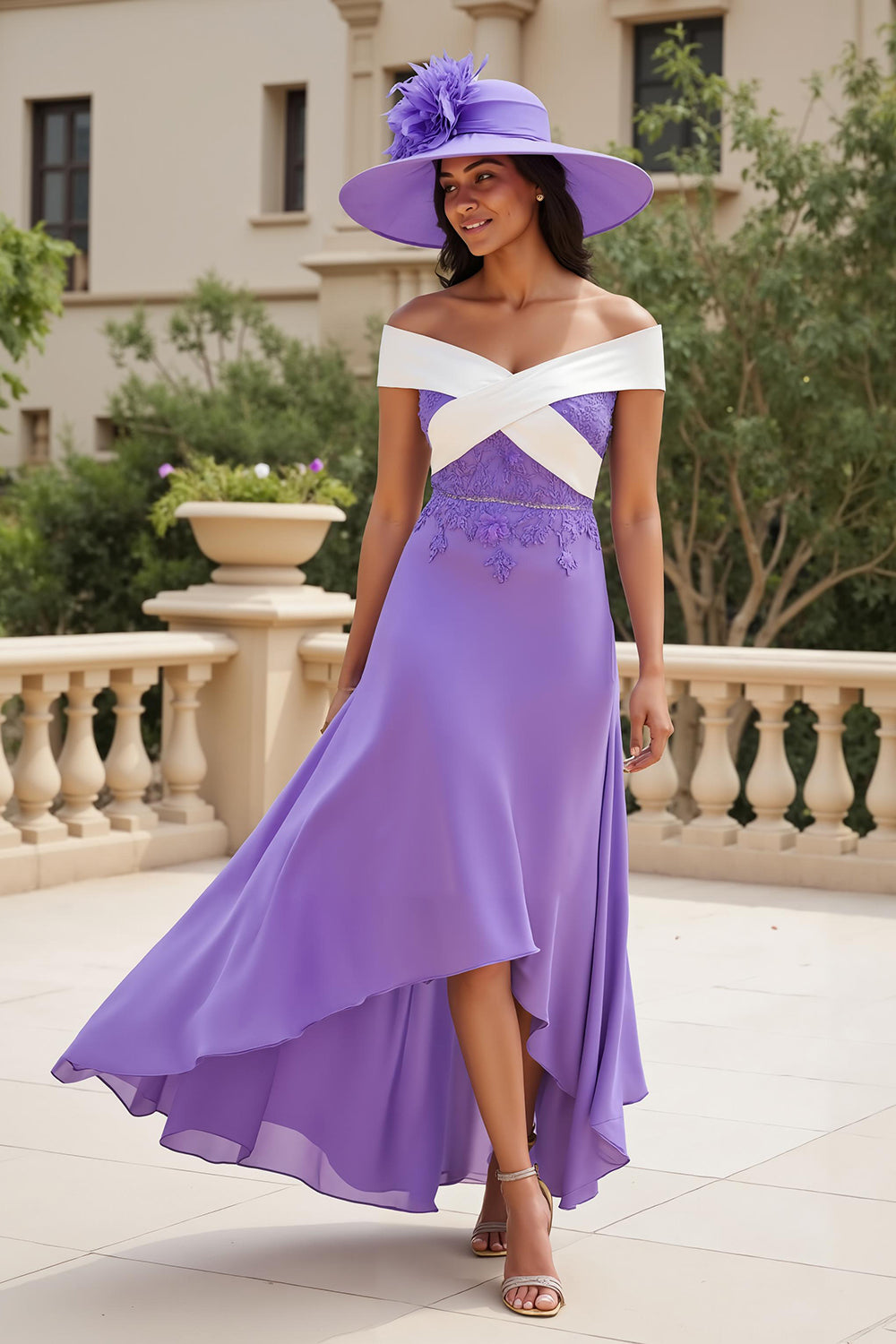 Purple Chiffon Off The Shoulder A Line Long Wedding Guest Dress with Appliques