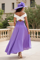 Load image into Gallery viewer, Purple Chiffon Off The Shoulder A Line Long Wedding Guest Dress with Appliques