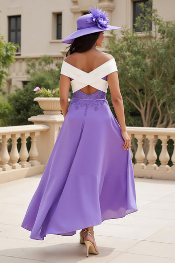 Purple Chiffon Off The Shoulder A Line Long Wedding Guest Dress with Appliques