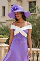 Load image into Gallery viewer, Purple Chiffon Off The Shoulder A Line Long Wedding Guest Dress with Appliques