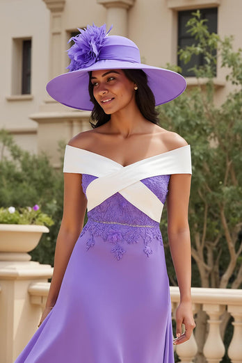 Purple Chiffon Off The Shoulder A Line Long Wedding Guest Dress with Appliques