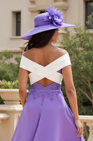 Load image into Gallery viewer, Purple Chiffon Off The Shoulder A Line Long Wedding Guest Dress with Appliques