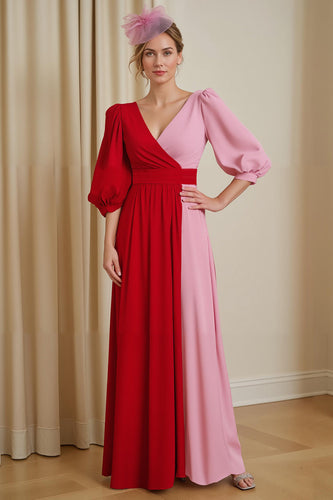 Red Chiffon V-Neck A Line Long Wedding Guest Dress with Sleeves