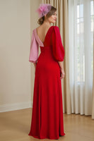 Load image into Gallery viewer, Red Chiffon V-Neck A Line Long Wedding Guest Dress with Sleeves