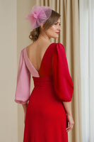 Load image into Gallery viewer, Red Chiffon V-Neck A Line Long Wedding Guest Dress with Sleeves