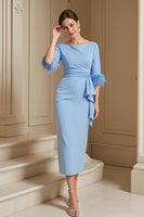 Load image into Gallery viewer, Light Blue Satin Boat Neck Sheath Midi Wedding Guest Dress with Sash