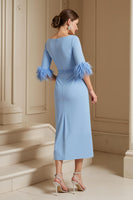 Load image into Gallery viewer, Light Blue Satin Boat Neck Sheath Midi Wedding Guest Dress with Sash