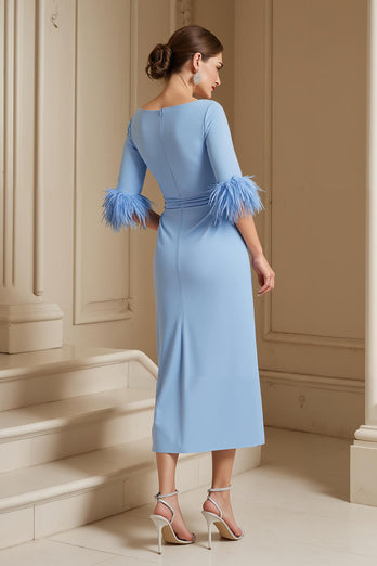 Light Blue Satin Boat Neck Sheath Midi Wedding Guest Dress with Sash
