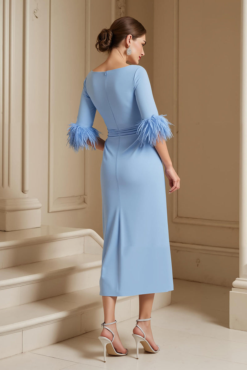 Load image into Gallery viewer, Light Blue Satin Boat Neck Sheath Midi Wedding Guest Dress with Sash