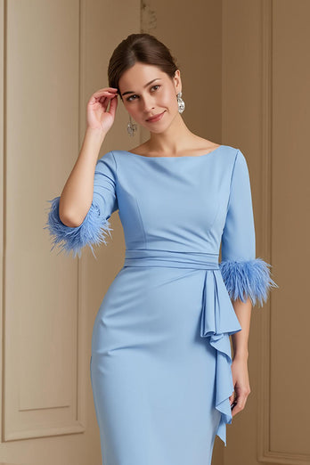 Light Blue Satin Boat Neck Sheath Midi Wedding Guest Dress with Sash