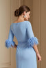 Load image into Gallery viewer, Light Blue Satin Boat Neck Sheath Midi Wedding Guest Dress with Sash