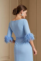 Load image into Gallery viewer, Light Blue Satin Boat Neck Sheath Midi Wedding Guest Dress with Sash