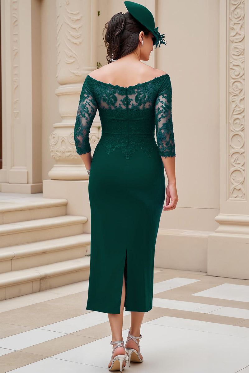 Load image into Gallery viewer, Dark Green Sheath Off The Shoulder Long Wedding Guest Dress with Slit