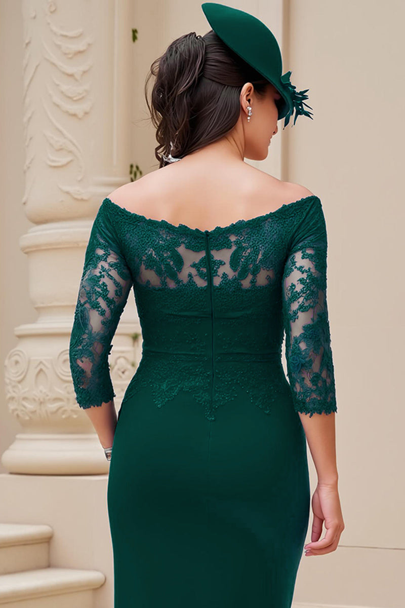 Load image into Gallery viewer, Dark Green Sheath Off The Shoulder Long Wedding Guest Dress with Slit