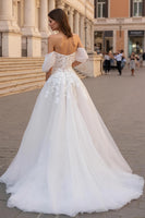 Load image into Gallery viewer, Ivory Off the Shoulder A Line Sweep Train Wedding Dress with Lace