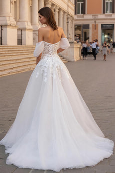 Ivory Off the Shoulder A Line Sweep Train Wedding Dress with Lace