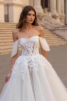 Load image into Gallery viewer, Ivory Off the Shoulder A Line Sweep Train Wedding Dress with Lace