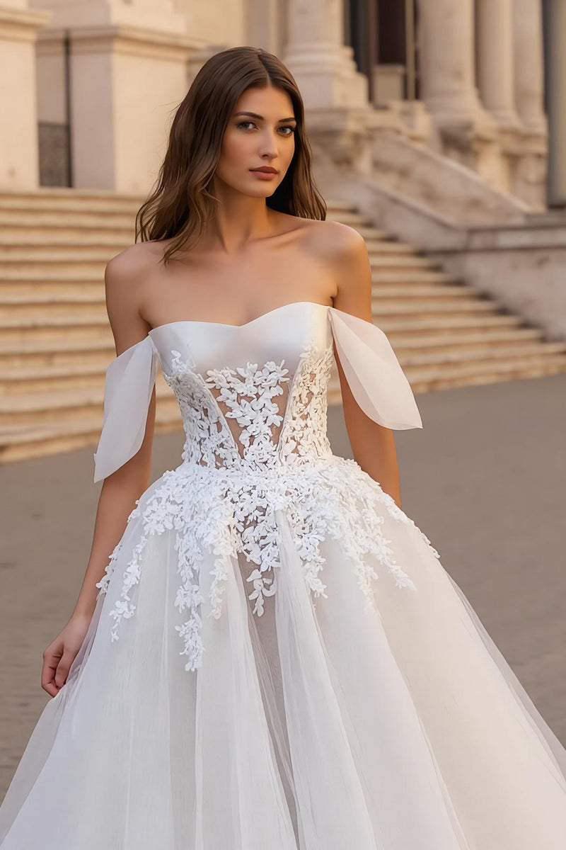 Load image into Gallery viewer, Ivory Off the Shoulder A Line Sweep Train Wedding Dress with Lace