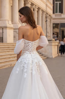 Load image into Gallery viewer, Ivory Off the Shoulder A Line Sweep Train Wedding Dress with Lace