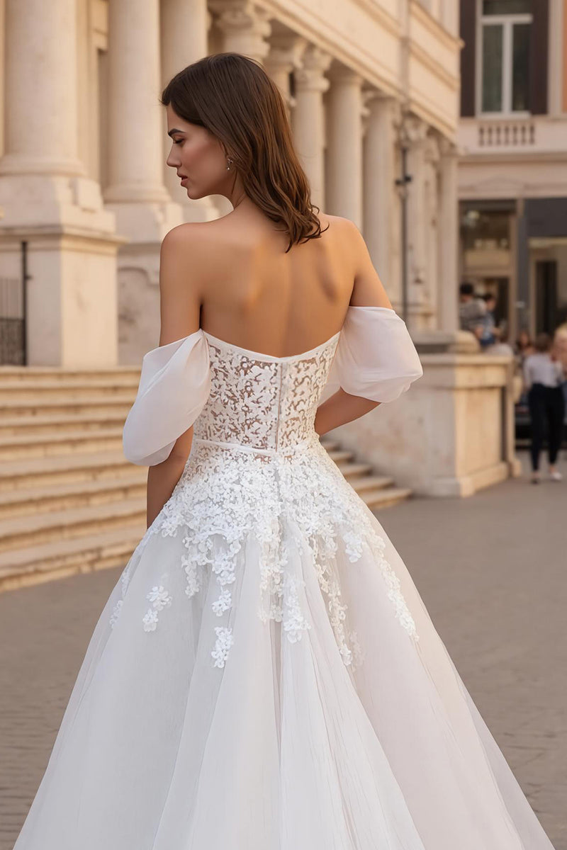Load image into Gallery viewer, Ivory Off the Shoulder A Line Sweep Train Wedding Dress with Lace