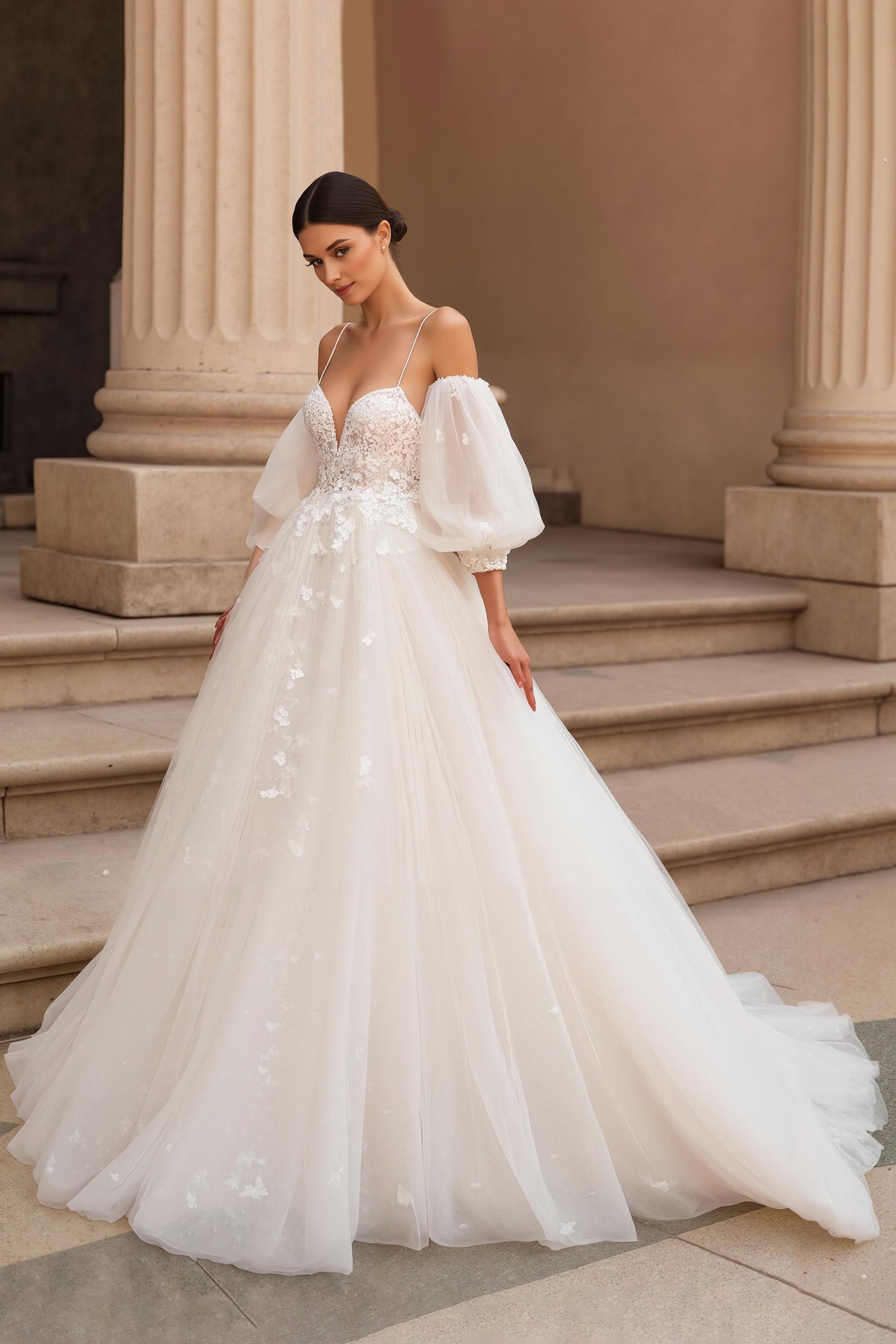Ivory Spaghetti Straps Tulle Sweep Train Wedding Dress with Lace