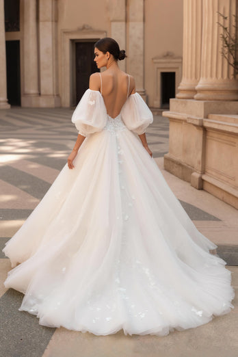 Ivory Spaghetti Straps Tulle Sweep Train Wedding Dress with Lace