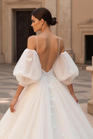 Load image into Gallery viewer, Ivory Spaghetti Straps Tulle Sweep Train Wedding Dress with Lace