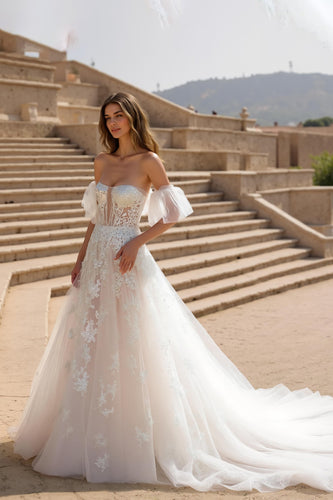 Ivory A Line Strapless Sweep Train Wedding Dress with Appliques
