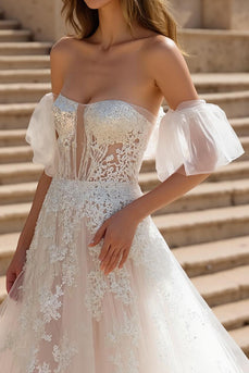Ivory A Line Strapless Sweep Train Wedding Dress with Appliques
