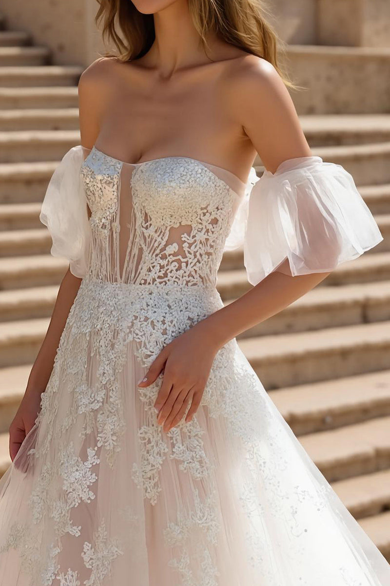 Load image into Gallery viewer, Ivory A Line Strapless Sweep Train Wedding Dress with Appliques